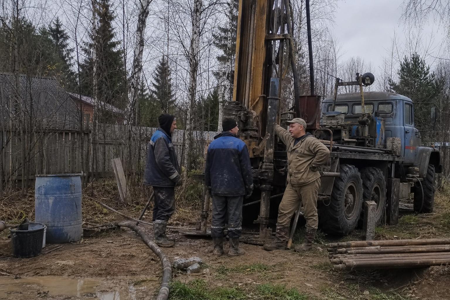 Бригада из двух человек у буровой установки
