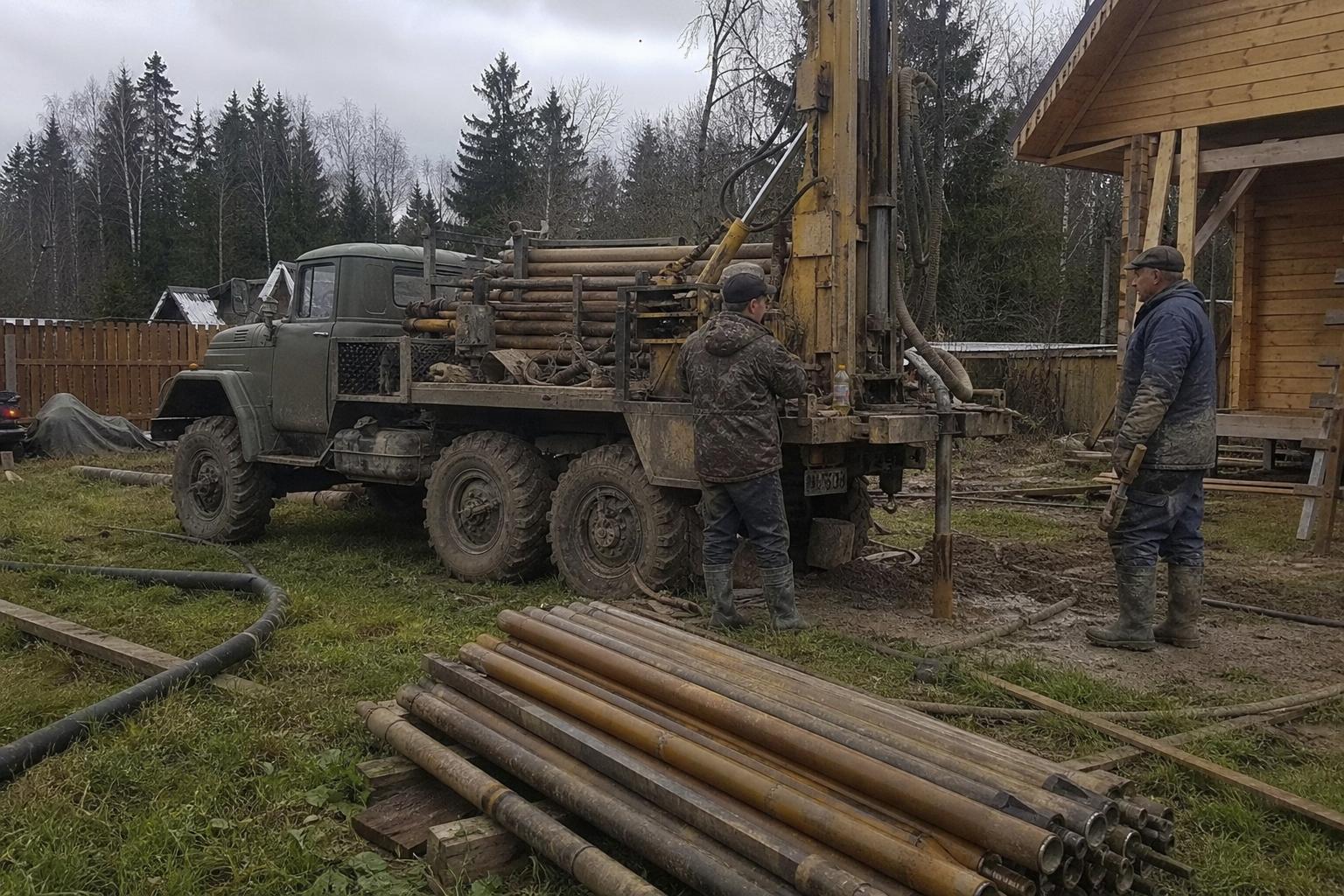 Буровая установка на базе грузовика бурит скважину рядом с домом