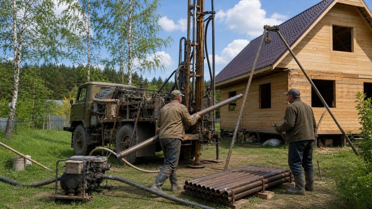 Бурение скважины на участке у частного дома — обсадные трубы подготовлены к спуску, установка УРБ рядом с коттеджем