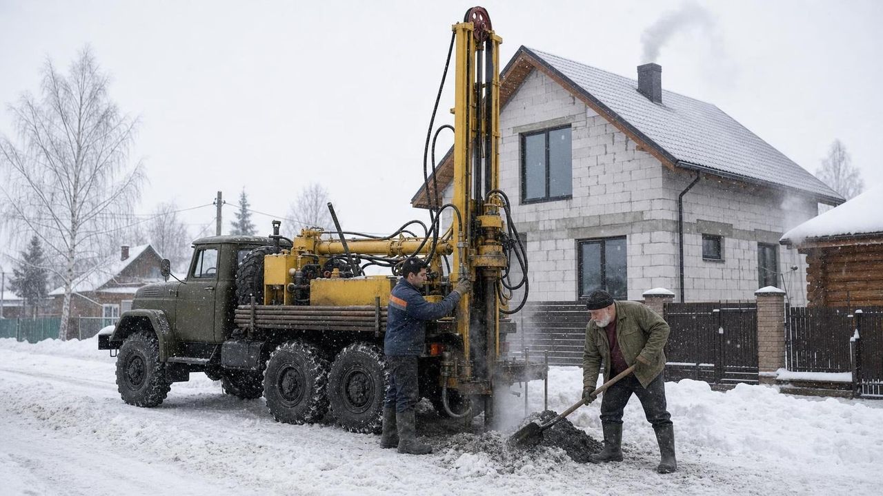 Бурение скважины на воду зимой в Московской области — буровая установка работает при снегопаде у нового дома