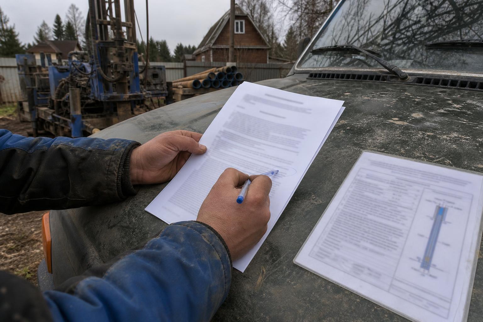 Руки с ручкой обводят строки в договоре на бурение на капоте грузовика с буровой установкой