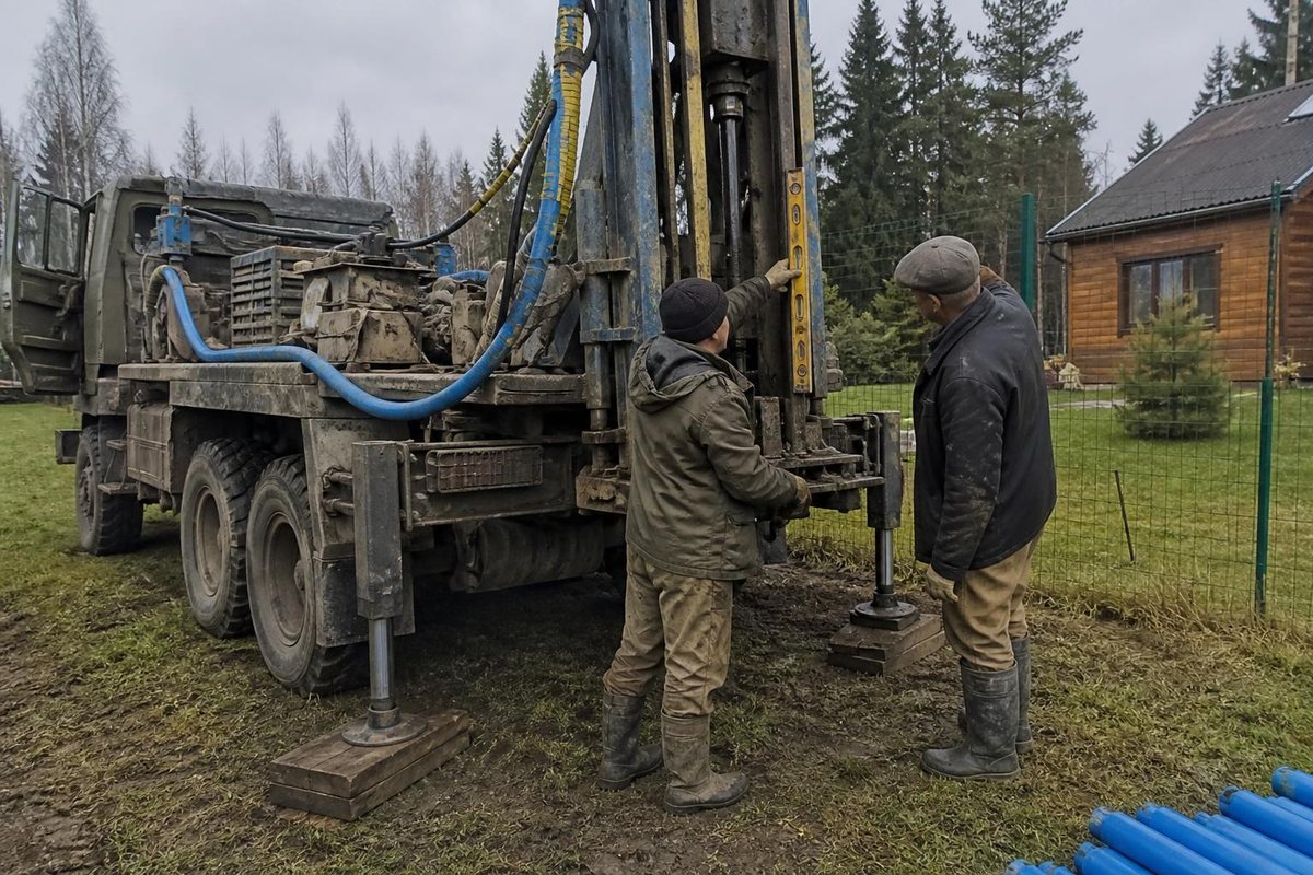 Буровую установку выставляют по уровню на подкладках и домкрате